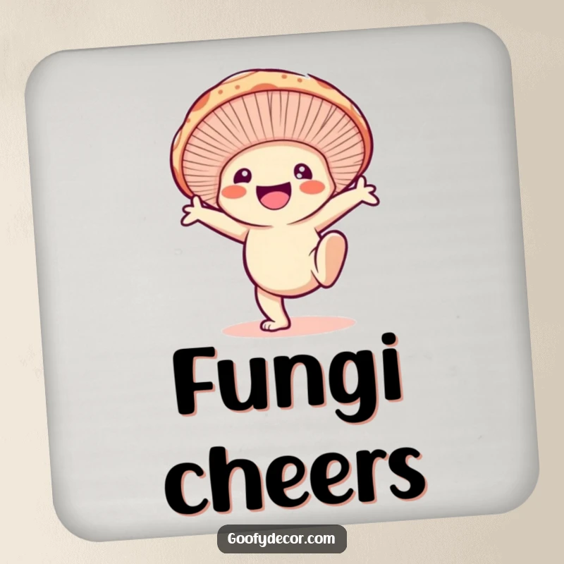 Funny drink coaster with a smiling mushroom character doing a cartwheel, protecting surfaces with playful energy.