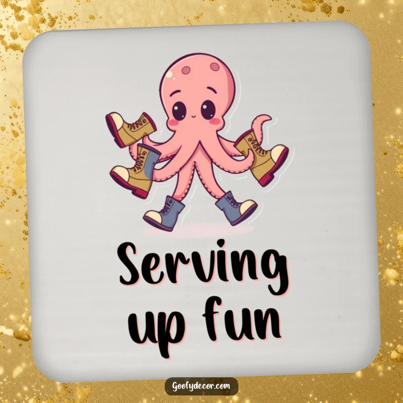 Funny octopus juggling coaster featuring a goofy octopus tossing boots, a cute and humorous accessory.