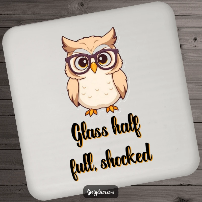Funny owl coaster with a determined character with glasses looking surprised, protecting surfaces with intellectual humor.