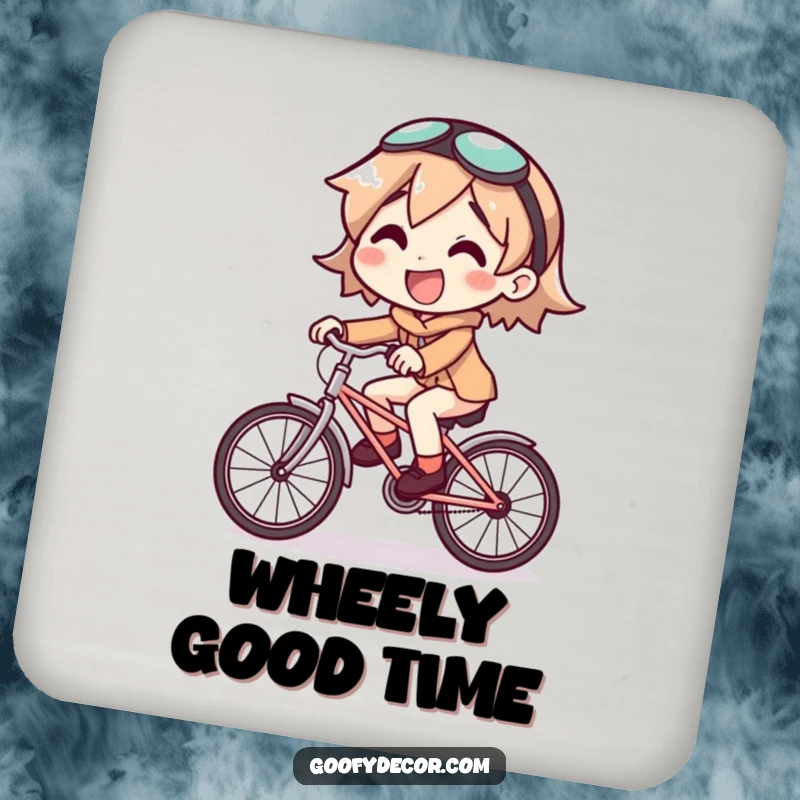 Funny coaster showing a joyful character riding a comically small bicycle, a humorous table accessory.