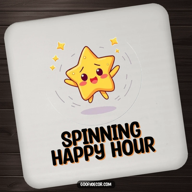 Funny drink coaster featuring a startled star character spinning in a dizzying dance, offering surface protection with stellar charm.
