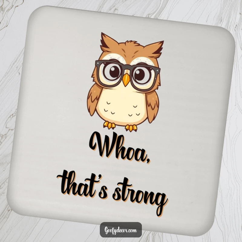 Funny owl in reading glasses looking surprised on a drink coaster, ideal for home decor humor.