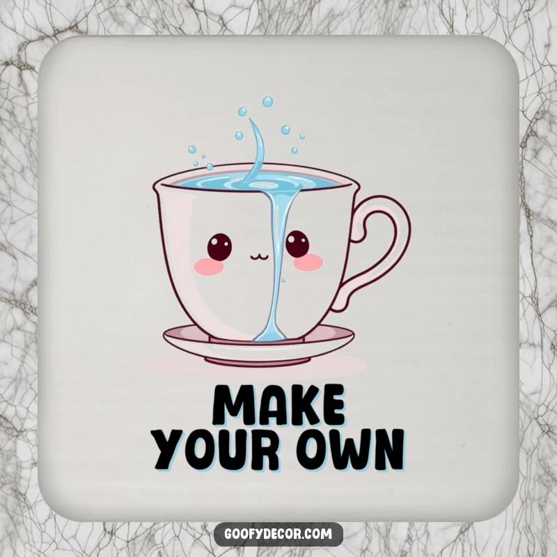 Playful teacup character pouring sparkling water, designed as a protective drink coaster.