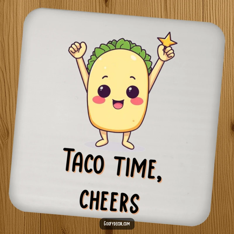 Funny drink coaster featuring a triumphant taco character striking a victory pose.