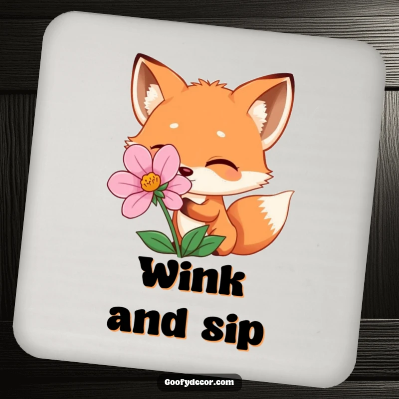 Funny winking fox peeking from behind a flower, on a protective drink coaster, adding a funny touch to any surface.