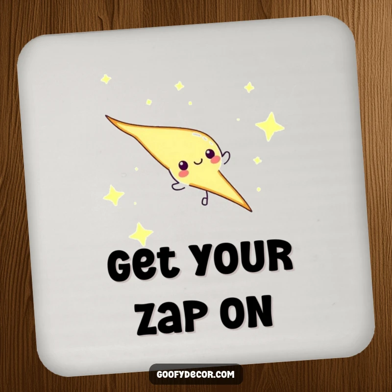 Funny lightning bolt character streaking across a starry sky on a drink coaster, protecting surfaces with style.