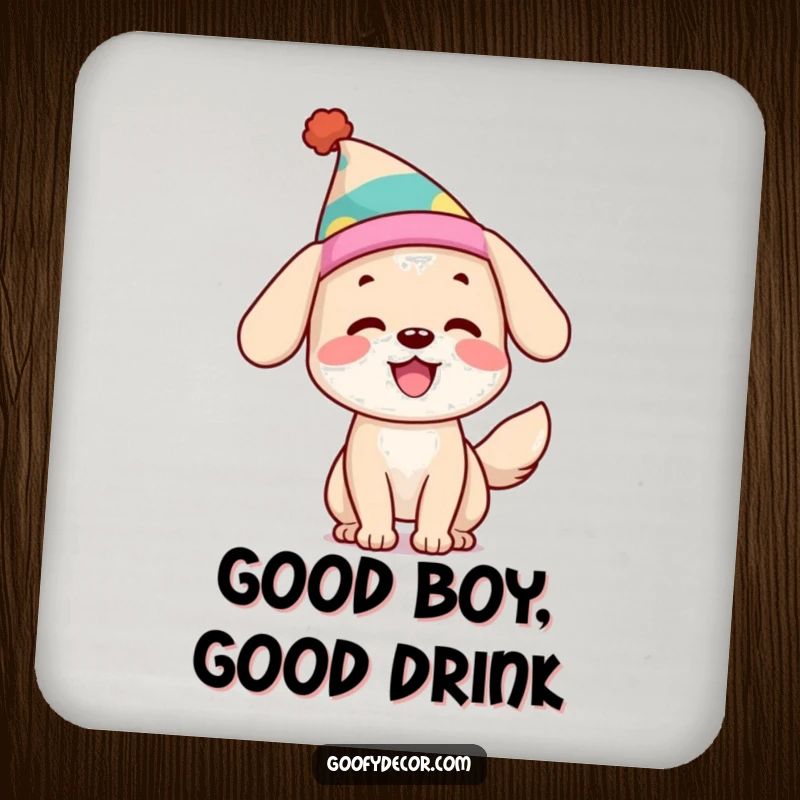 Funny Dog Coasters: Happy dogs with wagging tails and silly hats protect surfaces with cheerful canine style.