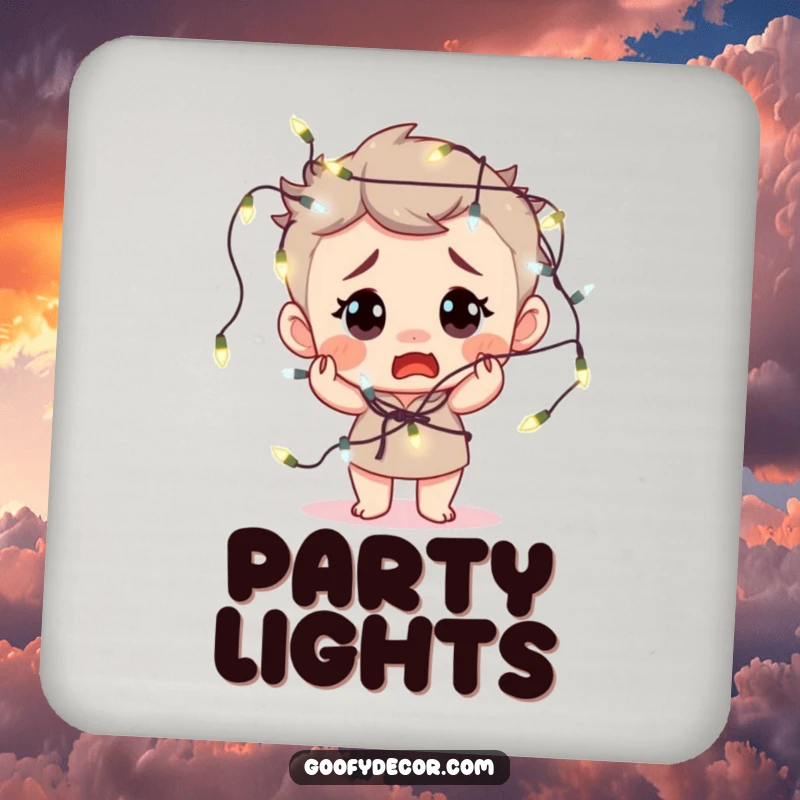 Funny coaster showing a bewildered character hilariously tangled in fairy lights, a humorous table accessory.