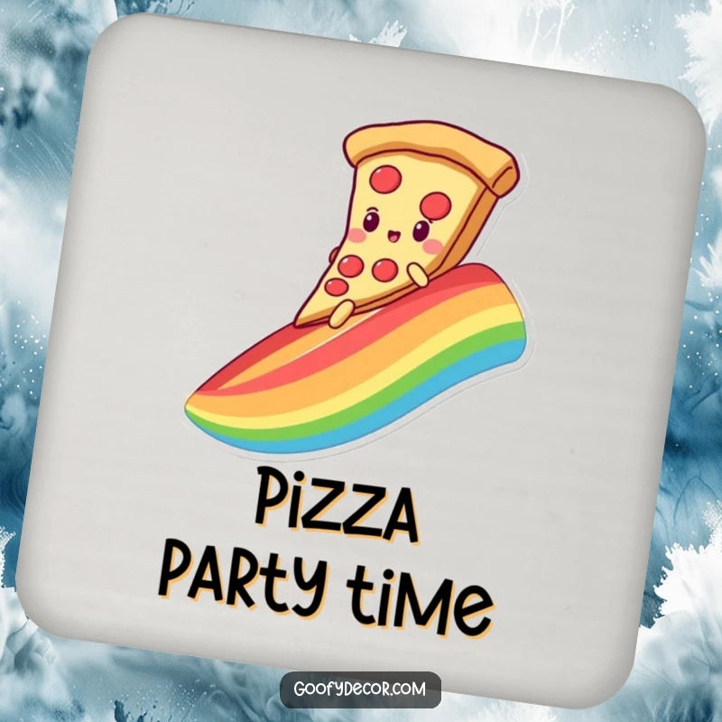 Funny drink coaster featuring a kawaii pizza character sliding down a rainbow on its slice, protecting surfaces with tasty style.