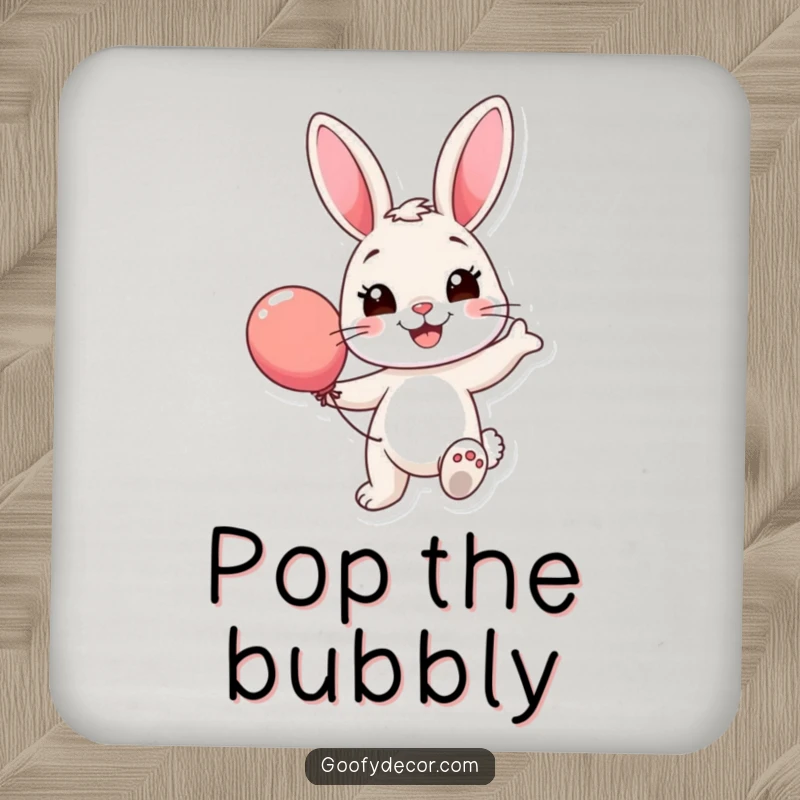 Funny Bunny Balloon Coasters: Smiling bunnies happily bounce colorful balloons, offering stylish protection for tables with cheer.