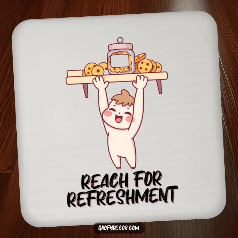 Funny drink coasters featuring a cheerful character reaching for a cookie jar, adding humorous protection to surfaces.