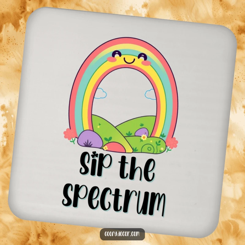 Funny playful rainbow drink coaster showing a smiling rainbow over a landscape, perfect for protecting tables with vibrant charm.