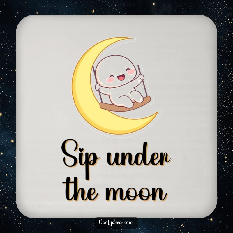Funny laughing moon character swinging on a crescent moon, featured on a drink coaster for celestial surface protection.