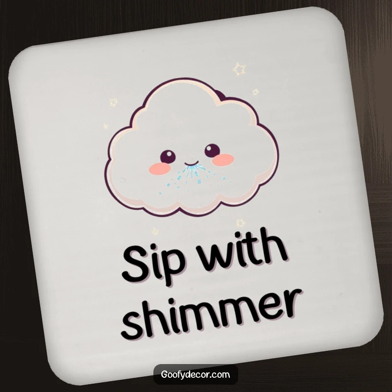 Funny drink coaster featuring a kawaii cloud character sneezing glitter, protecting surfaces with whimsical magic.