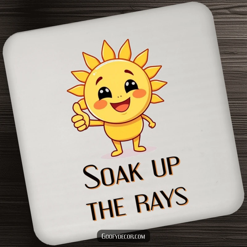 Funny joyful sun character with beaming rays giving a thumbs up on a drink coaster, bringing sunshine and positivity to tabletops.