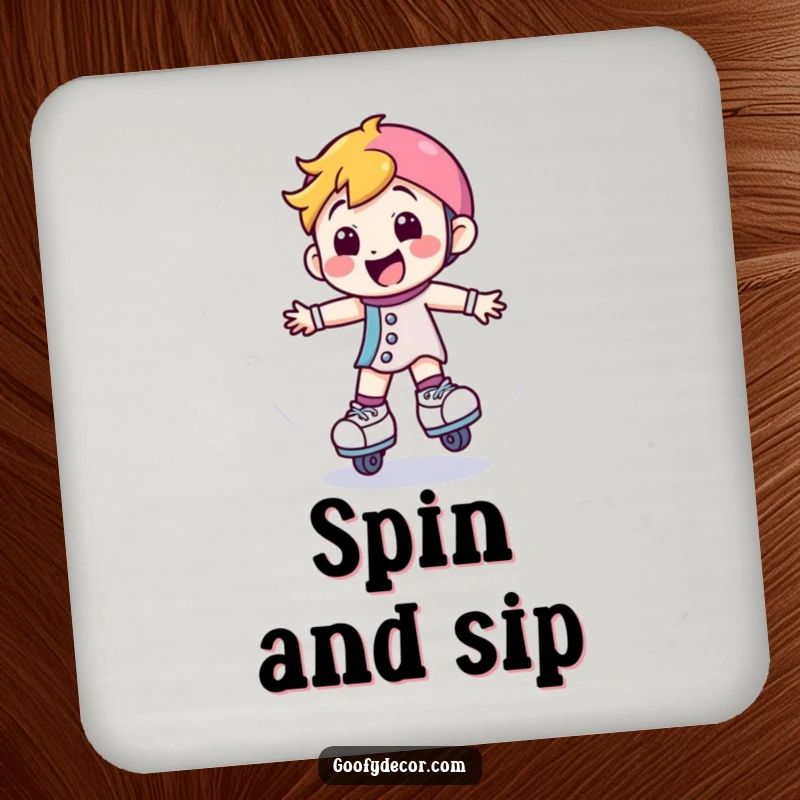 Funny coaster with a happy roller skate character spinning, protecting surfaces with energetic style and playful design.