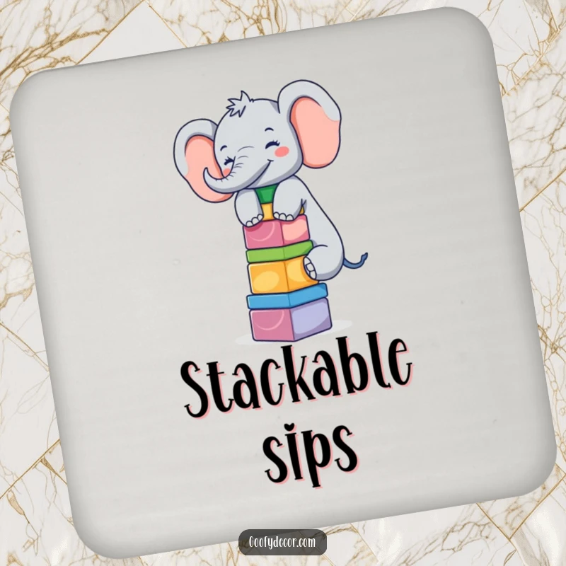 Funny giggling elephant balancing blocks on a coaster, a humorous and protective table accessory.