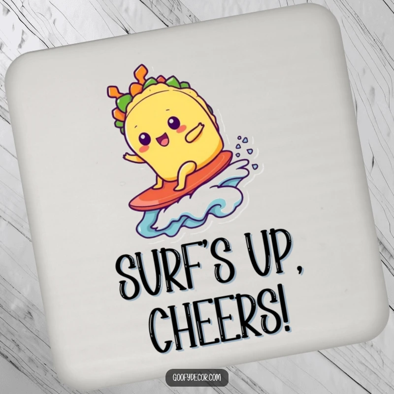 Funny kawaii taco character surfing a small wave on a protective drink coaster, adding humor to any table.