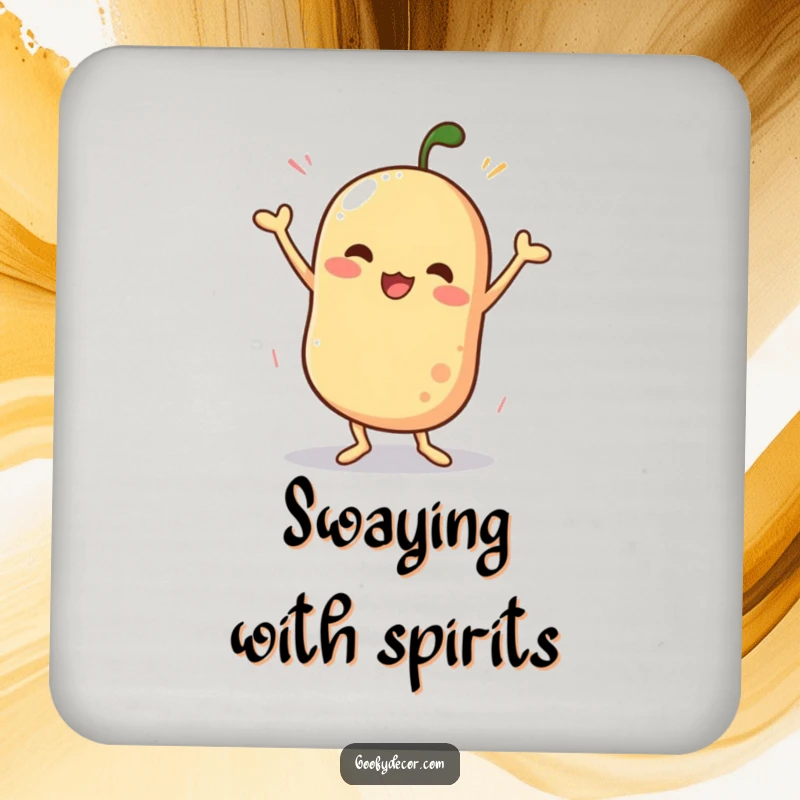 Funny drink coaster featuring a wobbly character doing a silly dance, protecting surfaces with a dose of joyful, comical movement.