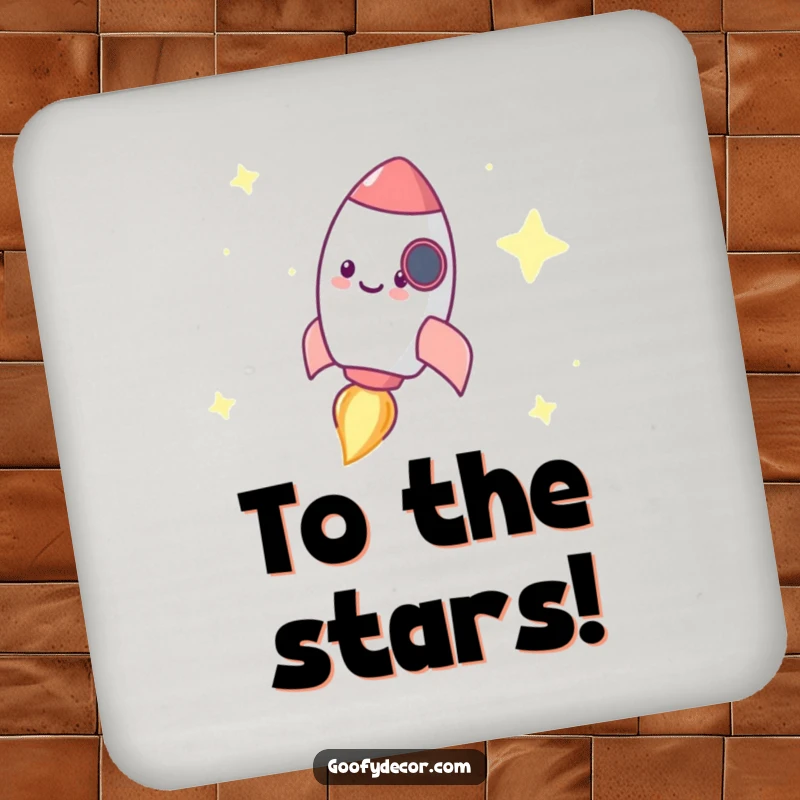 Funny coasters featuring a tiny, happy rocket character zooming through stars, offering stylish protection for furniture.