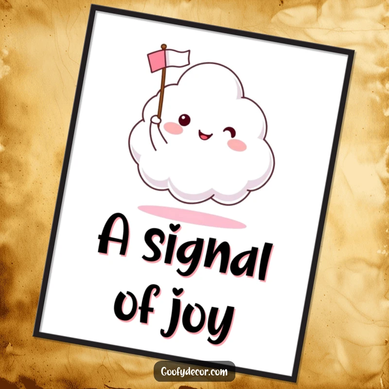 Funny poster print of a happy cloud character waving a small flag, bringing a sense of joy and optimism.