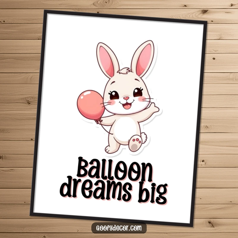 Funny Bunny Balloon Poster: A smiling bunny happily bounces a colorful balloon, bringing cheer and playful energy to any wall.