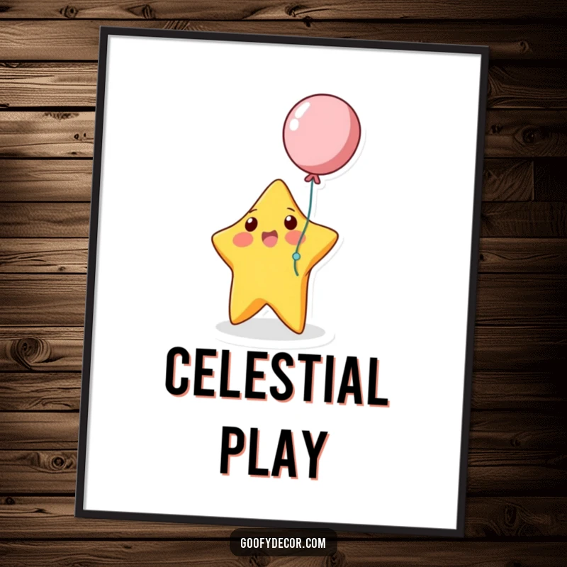Funny bouncing star character playing with a balloon, creating a cheerful and humorous wall art piece.