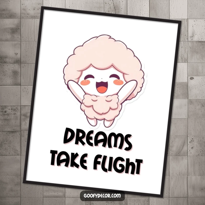 Funny poster featuring a fluffy character joyfully floating upwards, radiating pure peace and infectious positive energy on any wall.