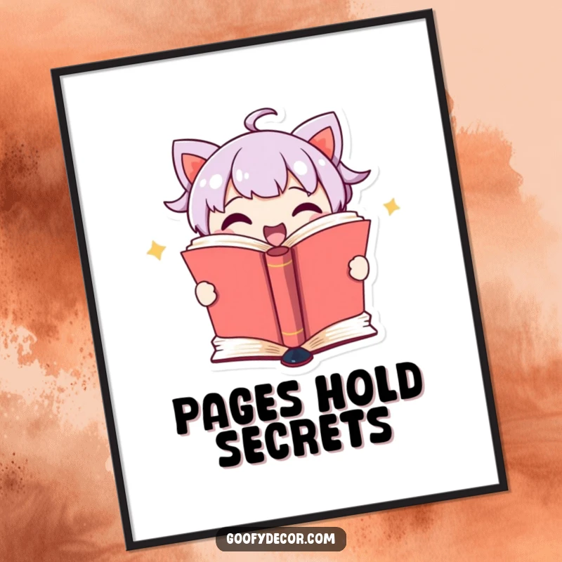 Funny poster art of a cute book character excitedly opening its pages to reveal a secret, adding humor to decor.