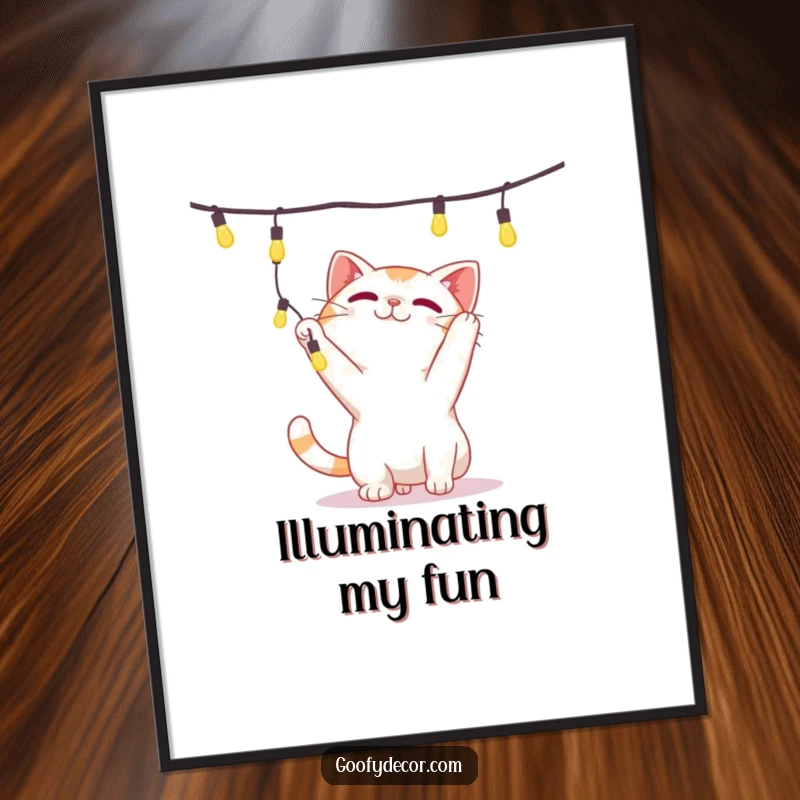 Funny poster featuring a playful cat character batting with glee at a string of sparkling, dangling illumination.
