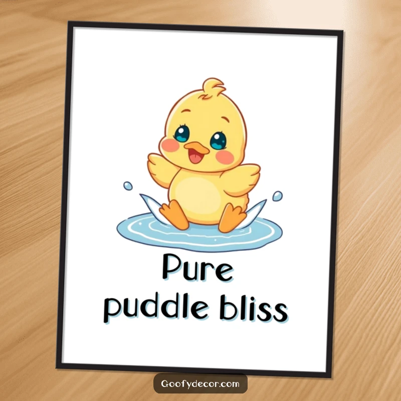 Funny cheerful duckling happily splashing in a puddle, presented as a vibrant poster for wall decor.