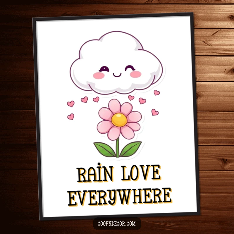 Funny poster art of a smiling cloud character showering a happy flower with numerous tiny heart shapes.