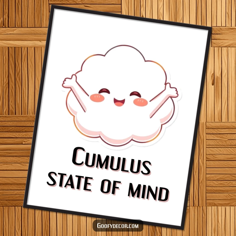 Funny poster of a happy cloud character floating peacefully with arms outstretched, creating a serene and joyful atmosphere.