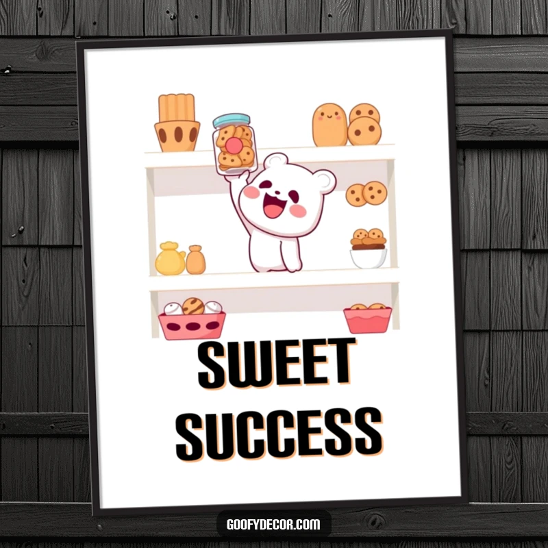 Funny poster showing a cheerful character reaching for a cookie jar on a high shelf, a humorous piece of wall art.