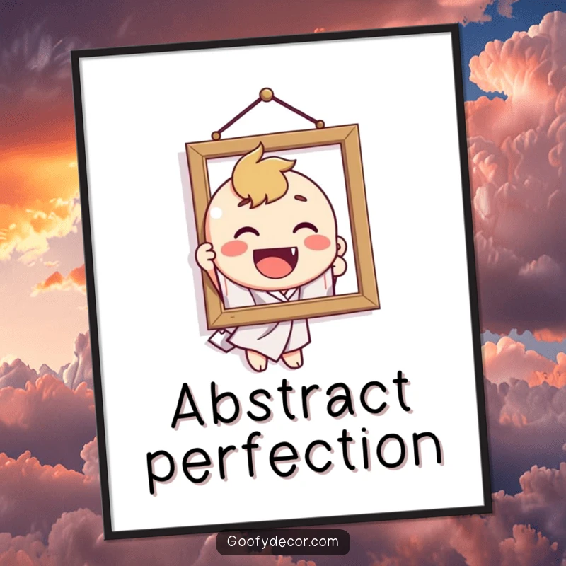 Funny poster showing a delighted character attempting to hang a crooked picture, a humorous piece of wall art.