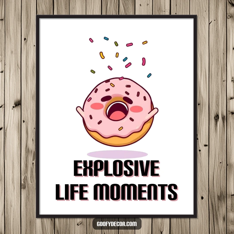 Funny poster print of a startled donut character with its colorful sprinkles scattering in the air.
