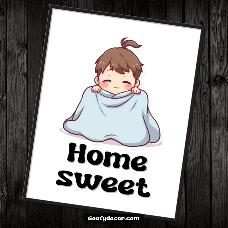 Funny poster showing a playful character hilariously attempting to fold a giant blanket, a humorous piece of wall art.