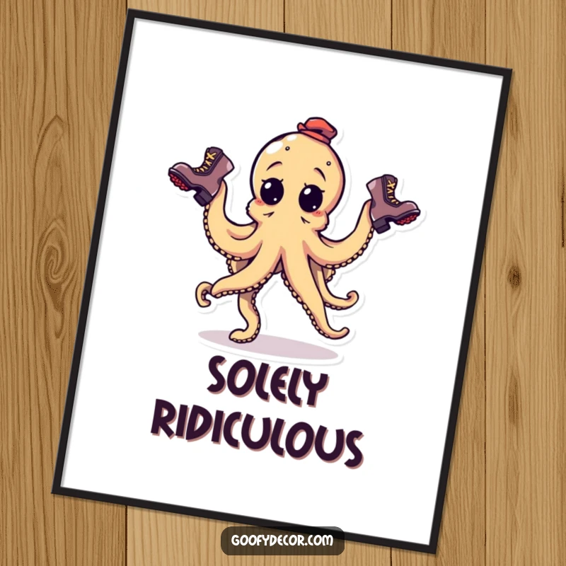 Funny goofy octopus character juggling three mismatched boots on a poster, ideal for eccentric wall decor.