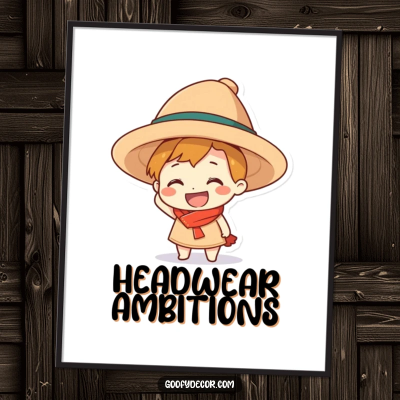 Funny grinning character poster, humorously struggling with an oversized hat, creating a scene of pure, uninhibited delight.