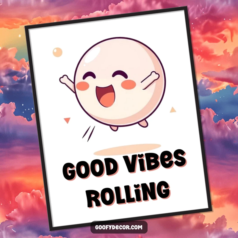 Funny Kawaii Bouncing Ball Poster print of a happy kawaii ball character tumbling through the air with pure delight, capturing motion and joy.