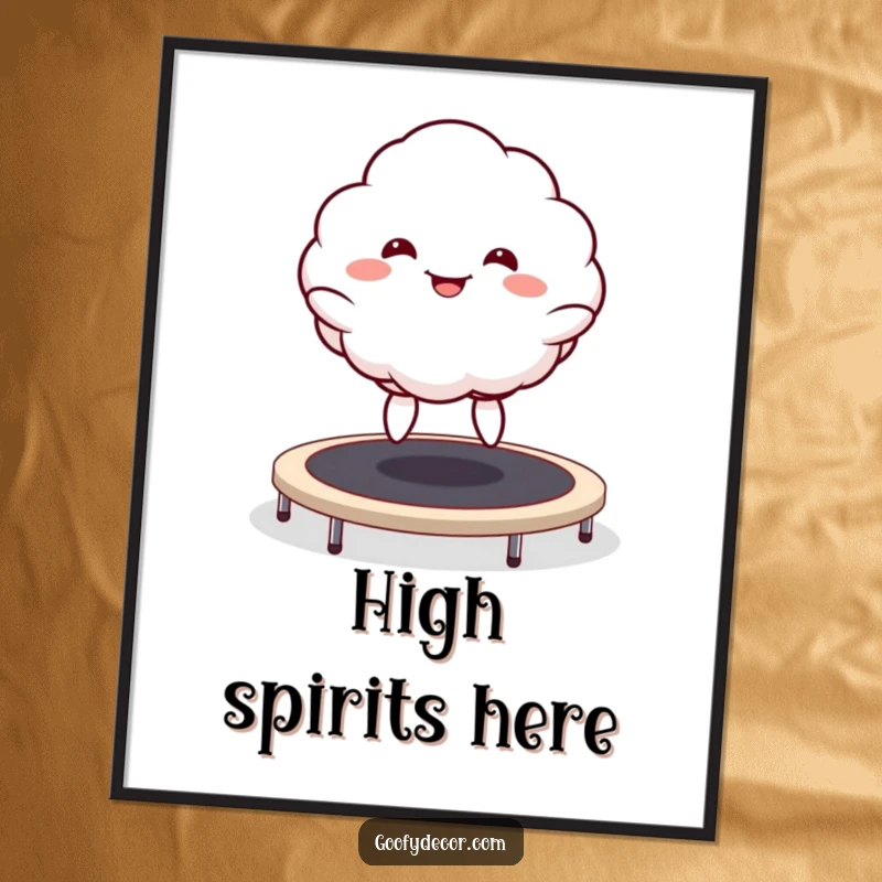 Funny Kawaii Cloud Poster print of a goofy grinning cloud character captured mid-bounce on a trampoline, full of playful energy.