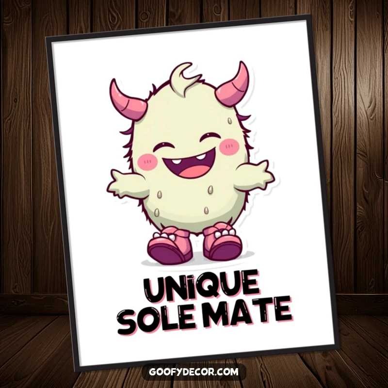 Funny poster art of a giggling kawaii monster delighting in its fun, mismatched shoes, radiating pure joy.