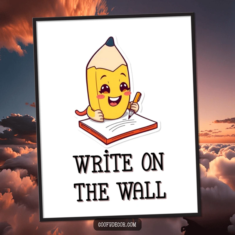 Funny kawaii mischievous pencil character with a grin, scribbling on a notepad, depicted on a poster.