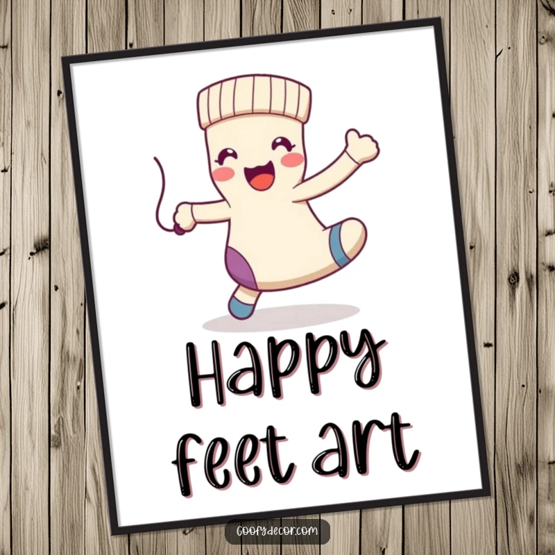 Funny kawaii happy sock character performing a playful dance with a dangling string, on a colorful poster.