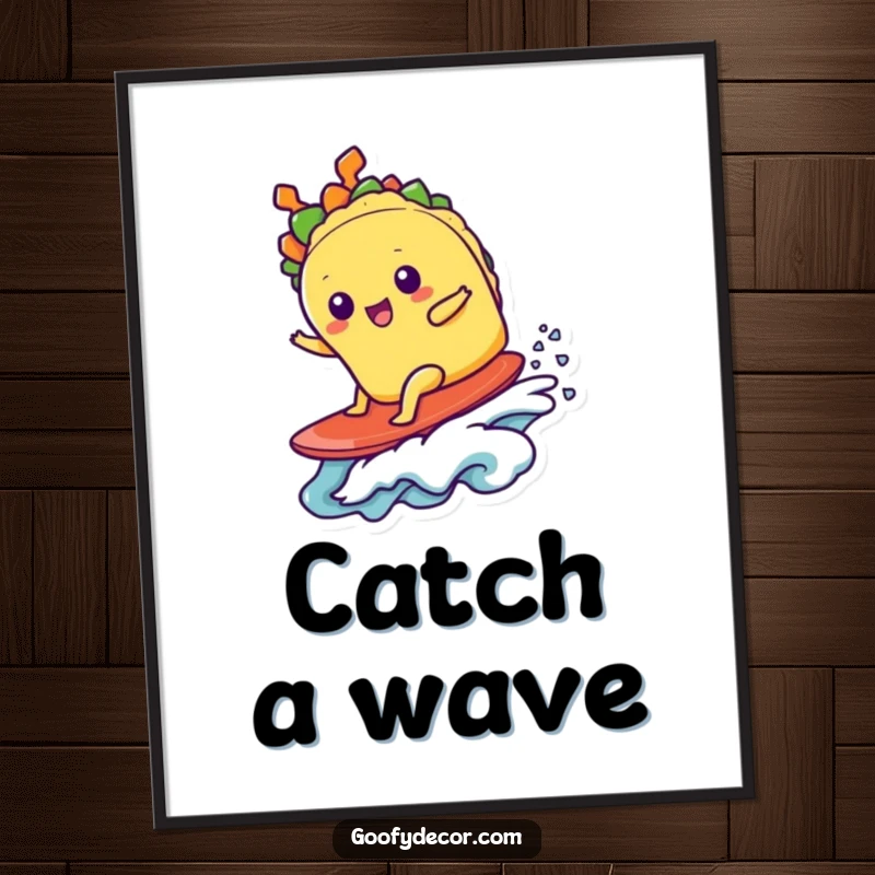 Funny kawaii taco character expertly surfing a miniature wave, depicted as vibrant and humorous wall art poster.