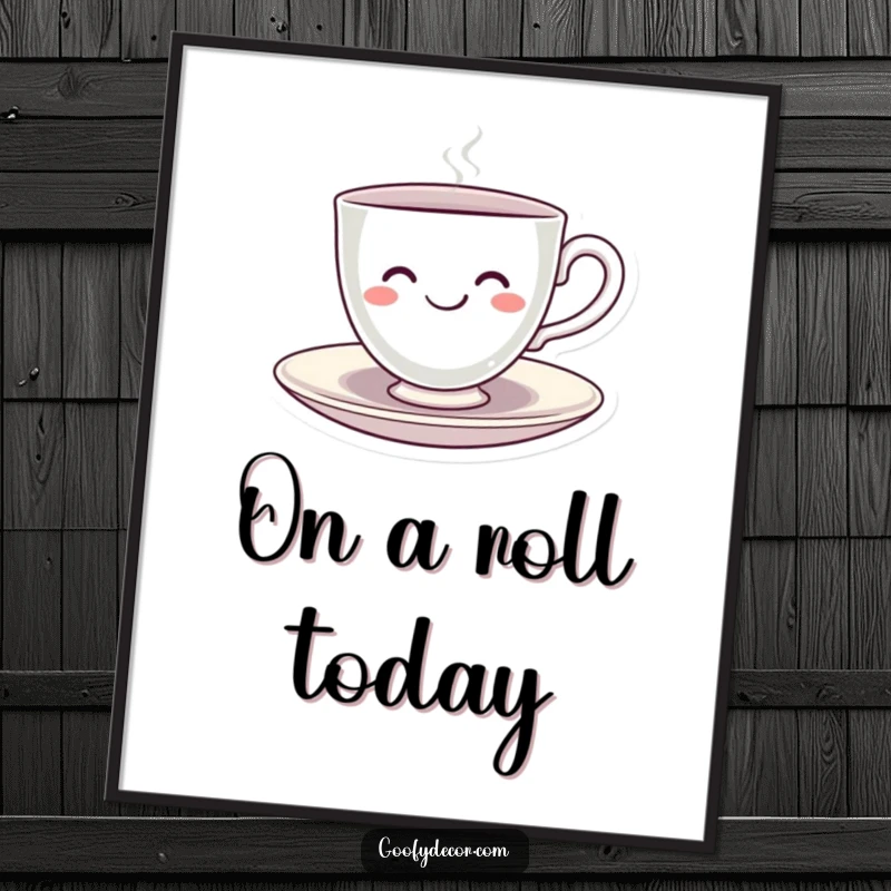 Funny Kawaii Teacup Poster print of a smiling kawaii teacup character happily spinning on its saucer, adding a touch of whimsy.