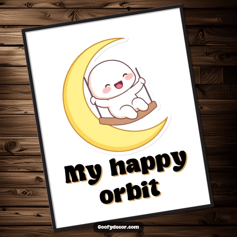 Funny laughing moon character swinging on a crescent moon, presented as a poster for whimsical celestial wall art.