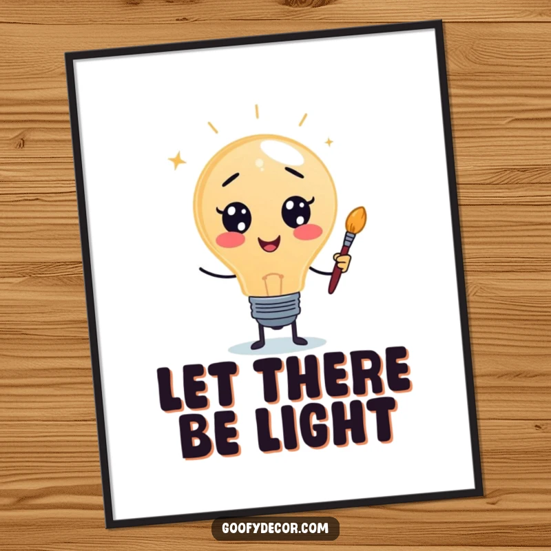 Funny poster of a lightbulb character holding a paintbrush, symbolizing bright ideas and artistic creativity for wall decor.
