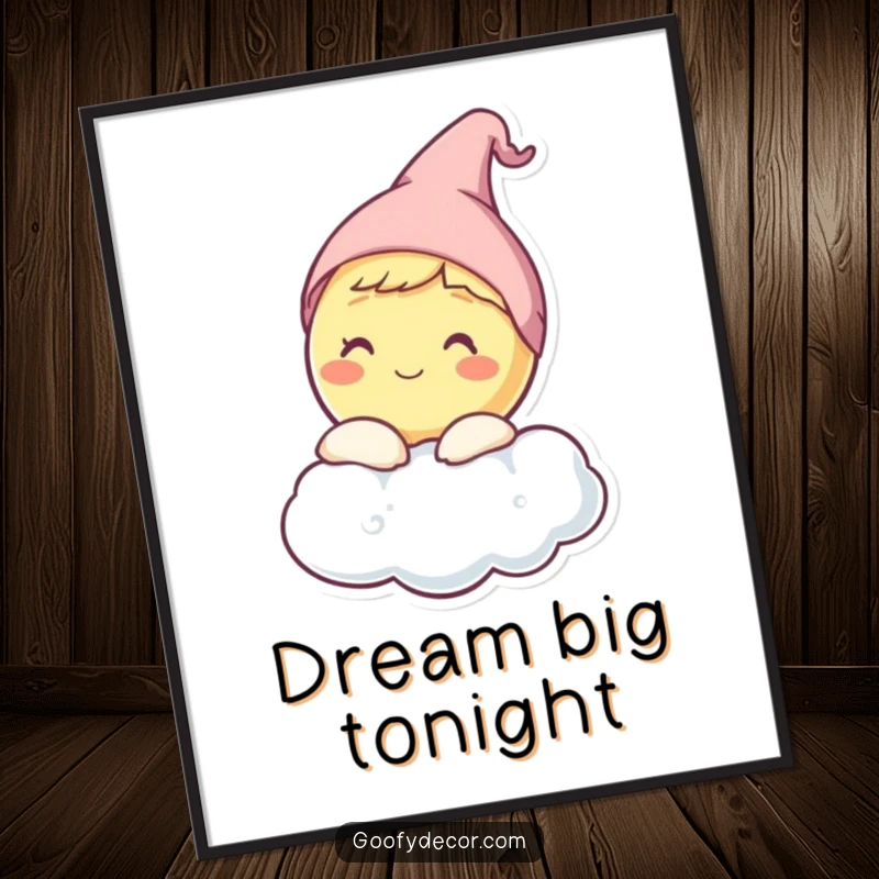 Funny poster art of a happy moon character in a sleep cap, peeking coyly from behind a soft cloud.