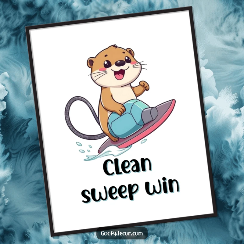 Funny Poster of a smiling otter character joyfully surfing a vacuum cleaner, embodying the spirit of adventure and clean fun.